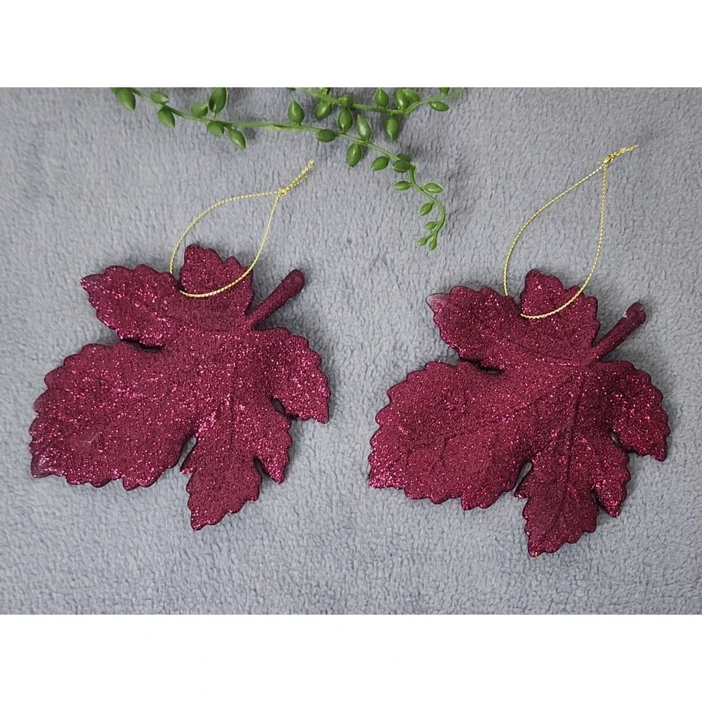 Fall‎ Thanksgiving Glitter Maple Leaf Leaves Tree Ornaments Burgundy 2 Pc